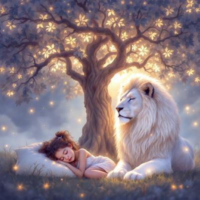 The primary subject of the image is a little girl sleeping under a tree. The setting is a grassy area with a tree and a sky background. The visual style is a digital art illustration, creating a whimsical and peaceful atmosphere. The colors are predominantly green and white, with the tree and grass providing a natural and calming ambiance.